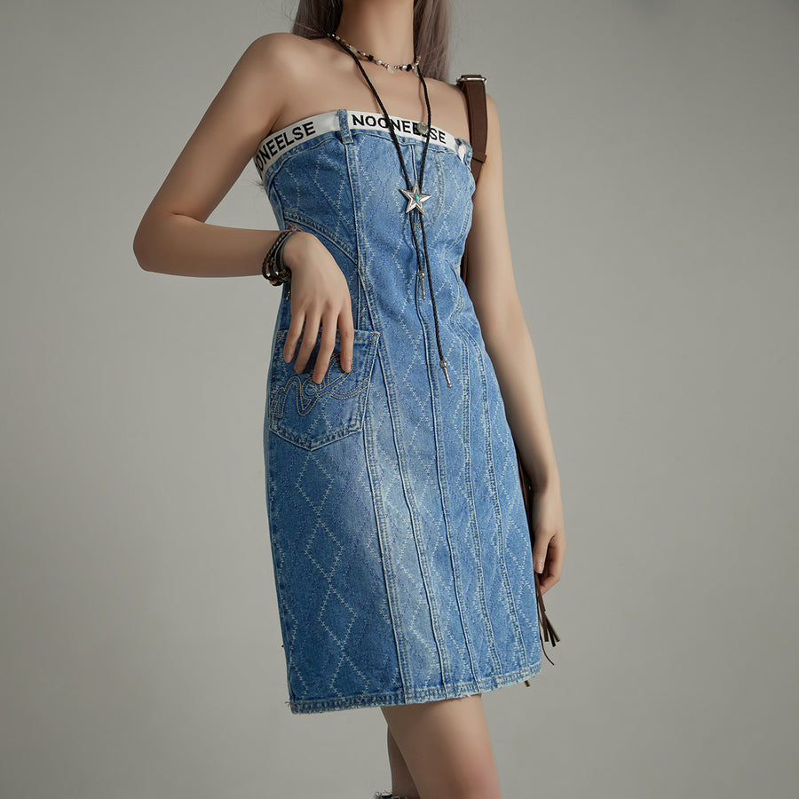 CHUU Argyle Denim Strapless Dress