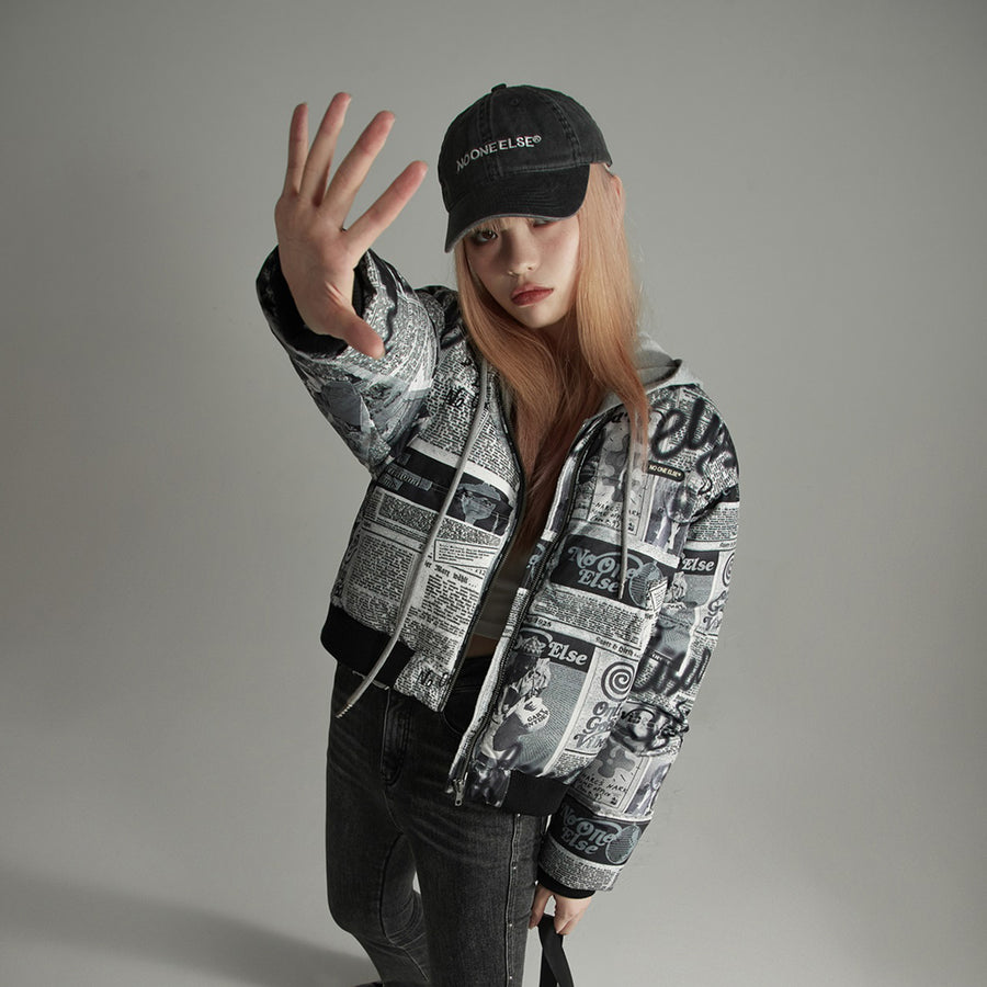 CHUU Newspaper Collage Padded Crop Jacket