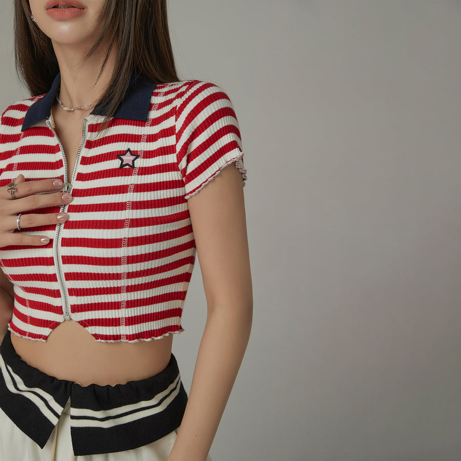 CHUU Striped Zip-Up T-Shirt