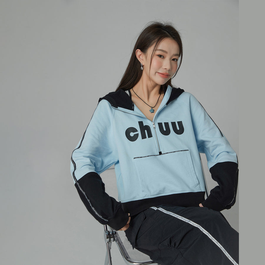 CHUU Chuu Lettering Half Zip-Up Hoodie