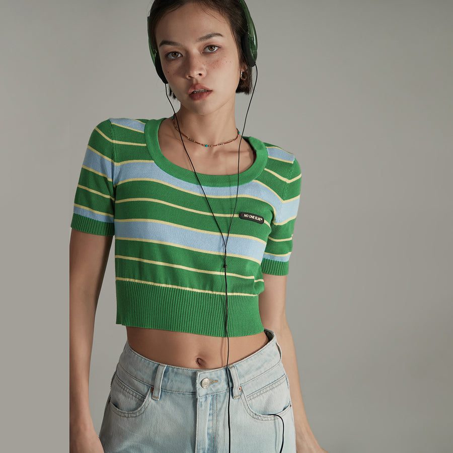 CHUU Striped Cropped Knit Top