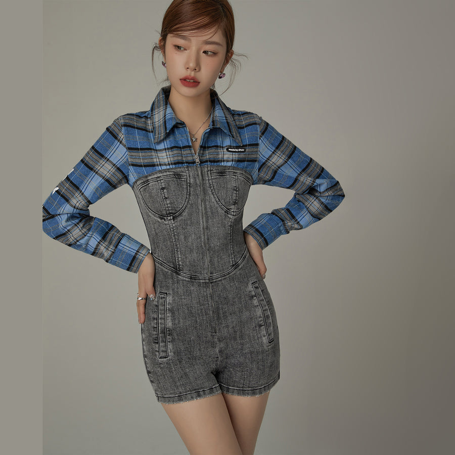 CHUU Butterfly Check Shirt Short Romper