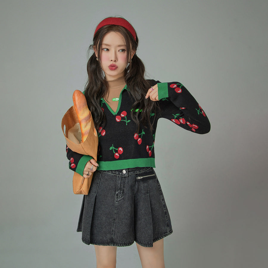 CHUU Cherry Polo Collar Colored Crop Knit Sweater