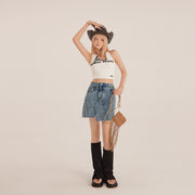 Unbalanced Cut Denim Mini Skirt