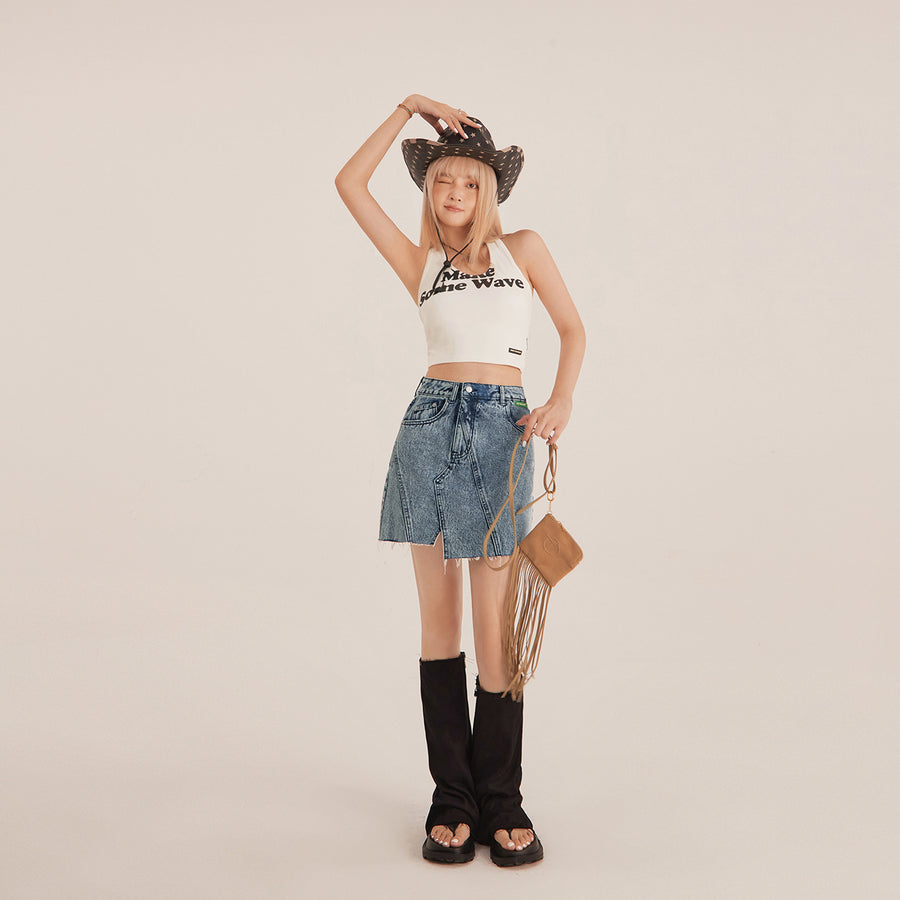 CHUU Unbalanced Cut Denim Mini Skirt