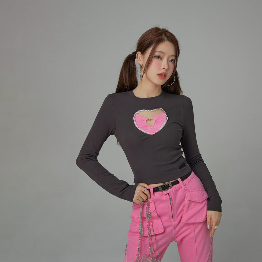 CHUU 2-Layers Heart Cutout Long-Sleeved Top