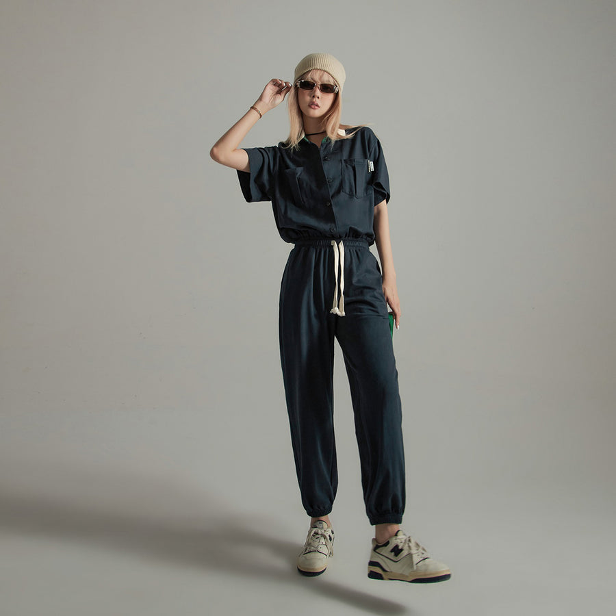 CHUU Blue Collar Short-Sleeved Jogger Jumpsuit