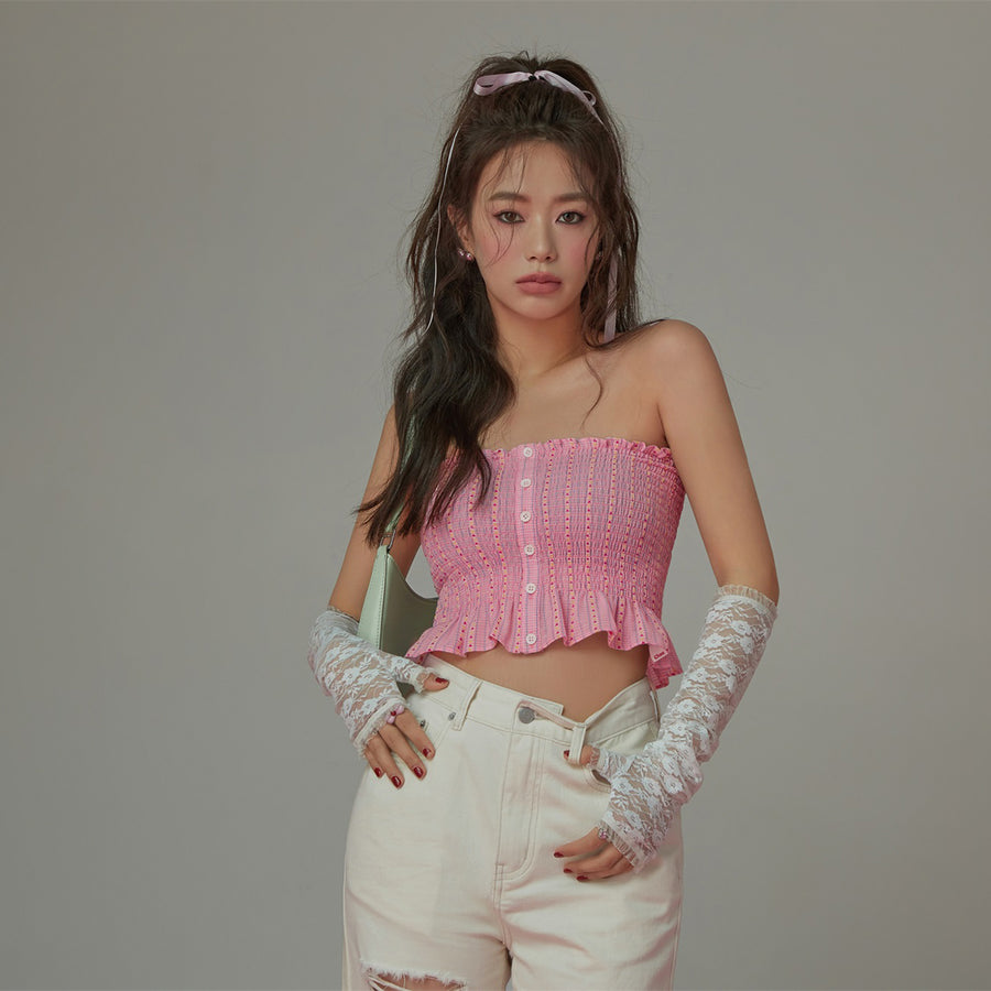 CHUU Heart Ruffle Button Tube Top