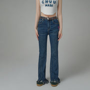 Embroidered Fringed Hem Denim Jeans