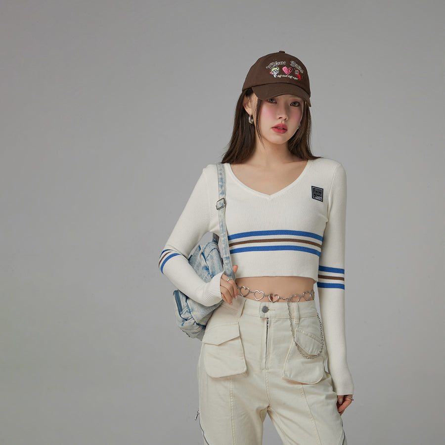 CHUU Unlock Stripes V-Neck Cropped Knit Sweater