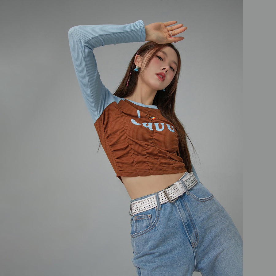 CHUU I Love Chuu Raglan Cropped Shirring T-Shirt