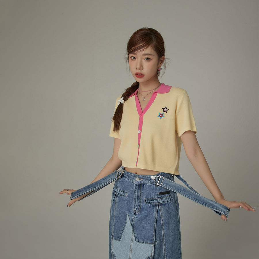 CHUU Star Open Collar Cropped Knit Top