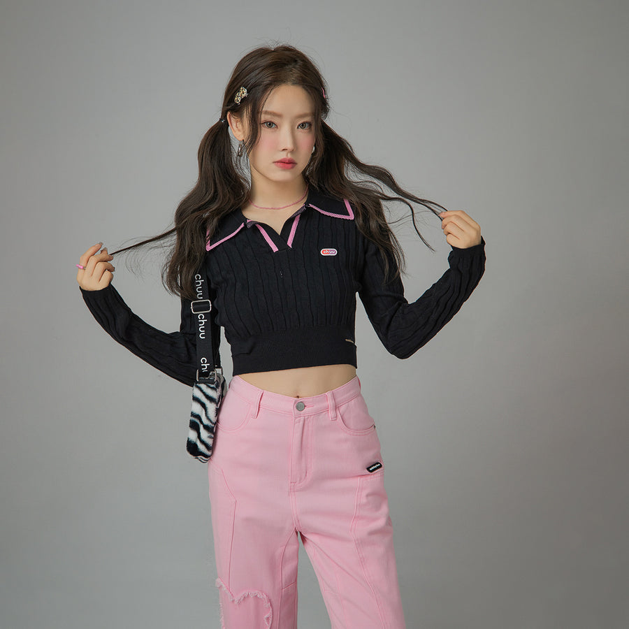 CHUU Enjoy The Breeze V-Neck Cropped Knit Top