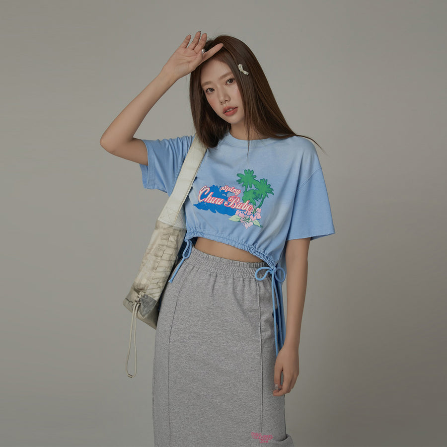 CHUU Chuu Babe Tropical Printed Design Strings Cropped T-Shirt