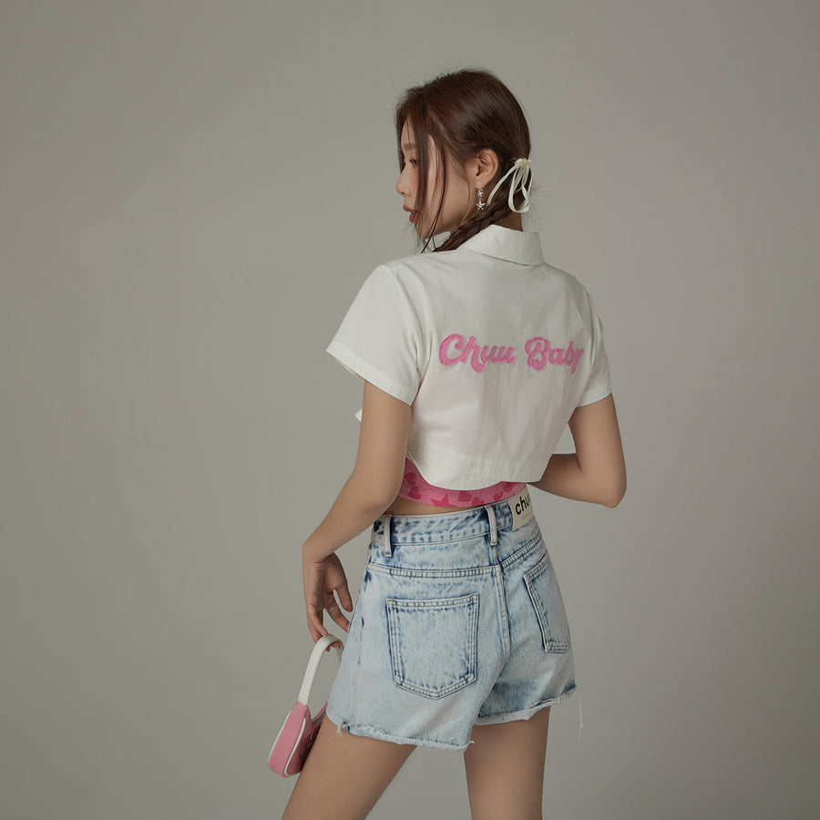 CHUU Unbalanced Chuu Baby Cropped Shirt