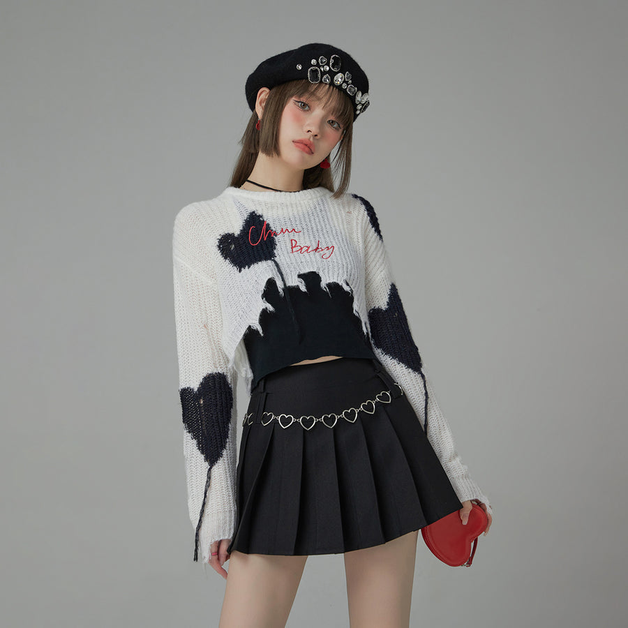 CHUU Distressed Heart Cropped Knit Sweater