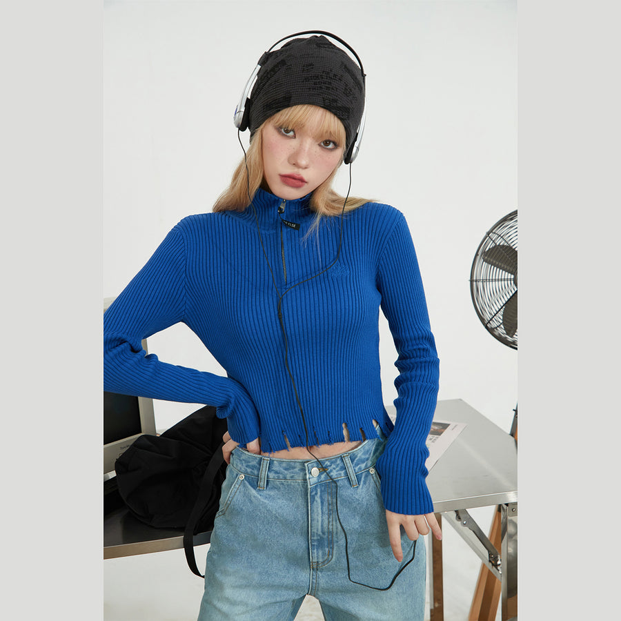 CHUU Polo Neck Slit Cropped Knit Top