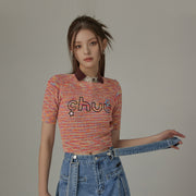 Embroidered Chuu Star Cropped Knit Top