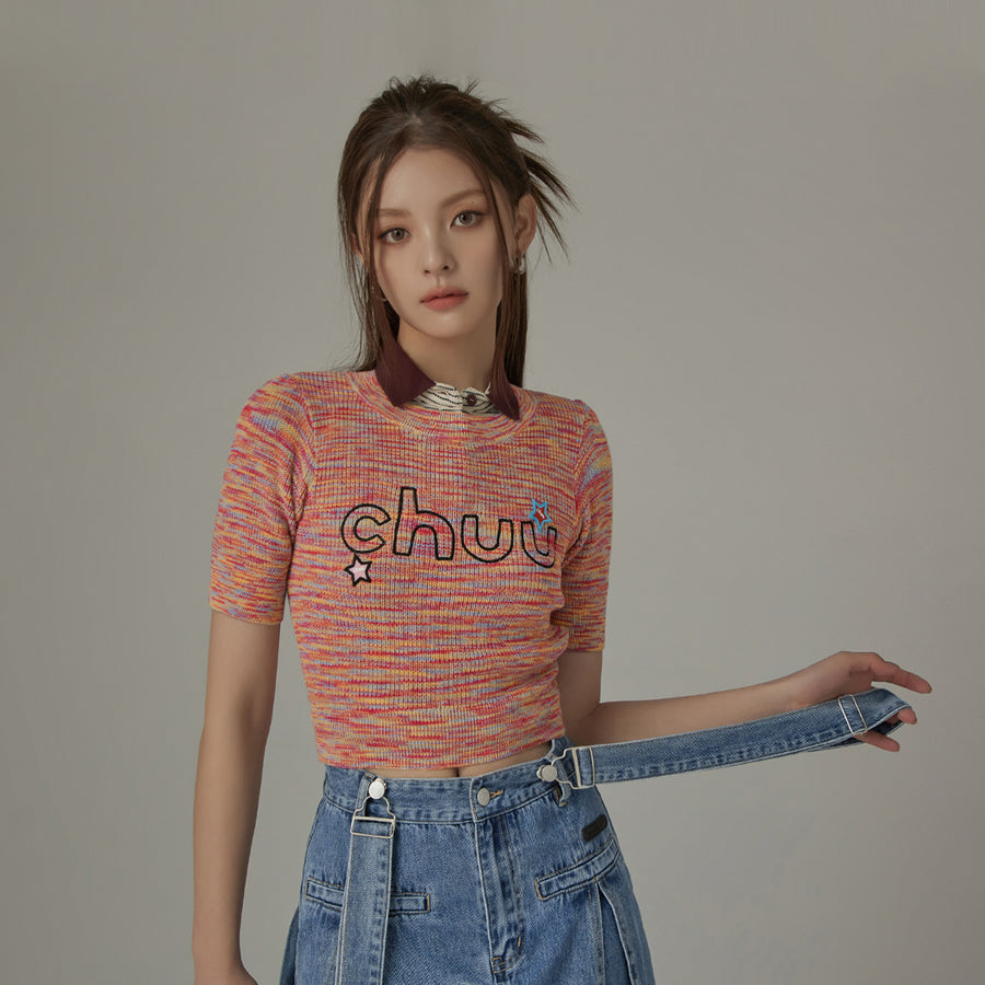 CHUU Embroidered Chuu Star Cropped Knit Top