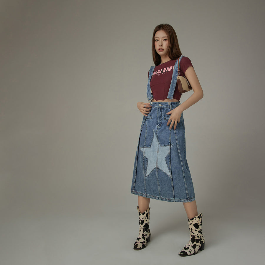 CHUU Star Denim Overall Skirt