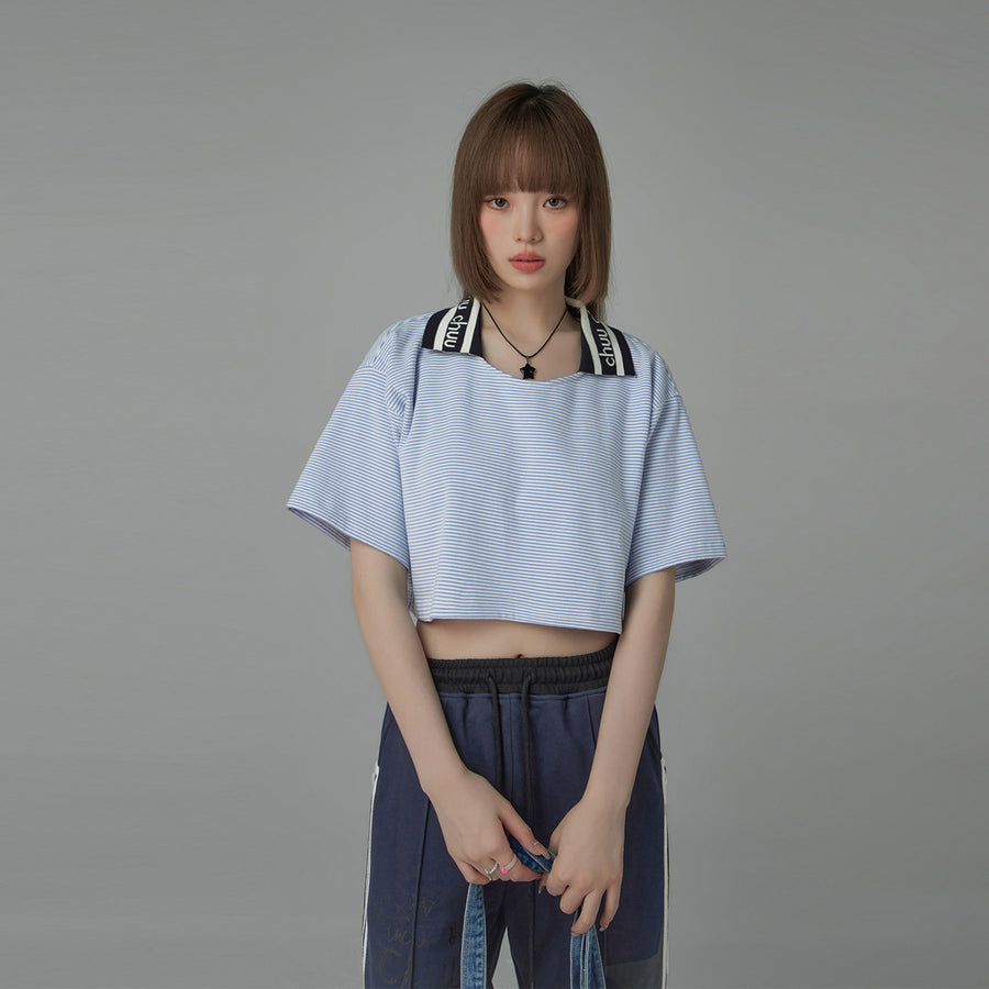 CHUU Chuu Lapel Striped Cropped T-Shirt