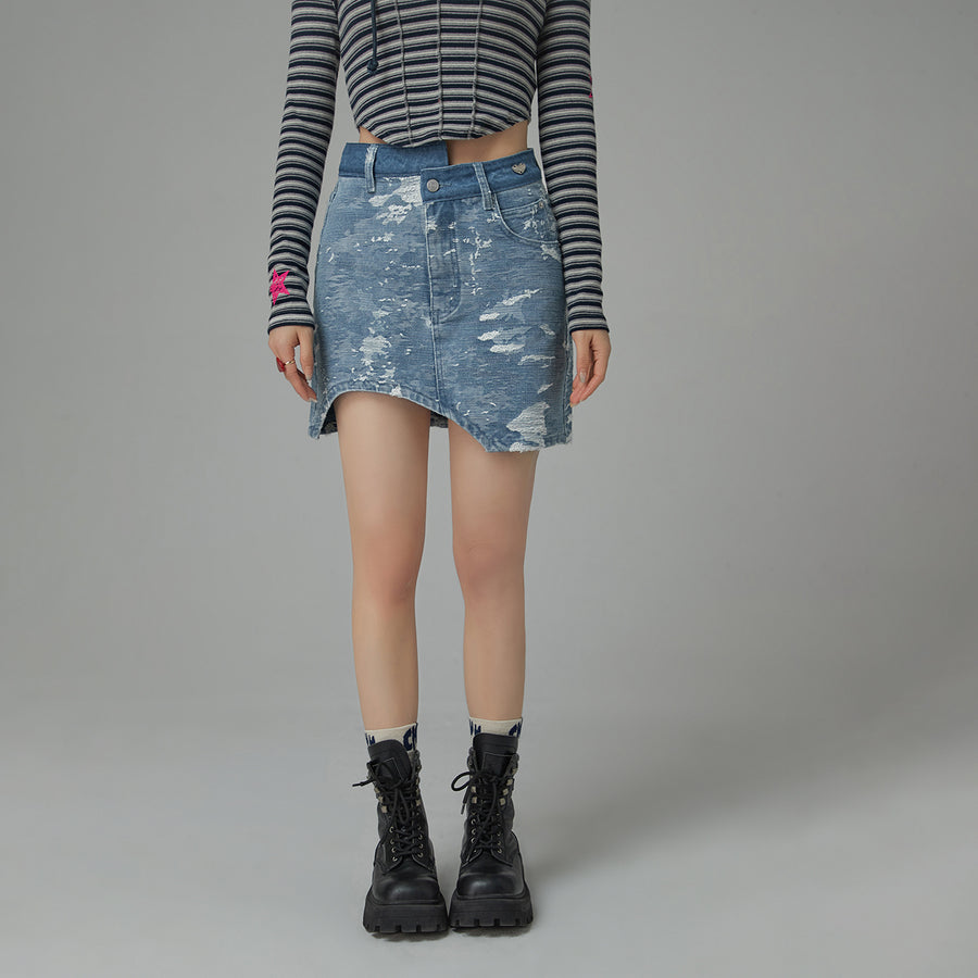 CHUU Washed Denim Unbalanced Mini Skirt