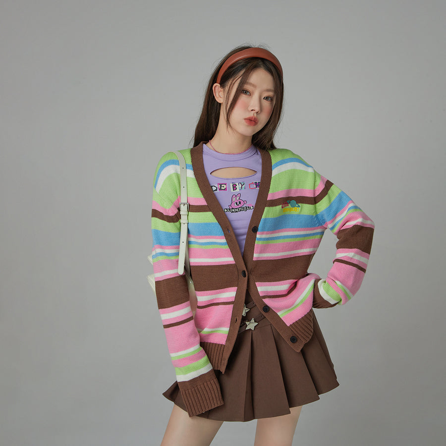 CHUU Planet Chuu Embroidered Stripe Cardigan