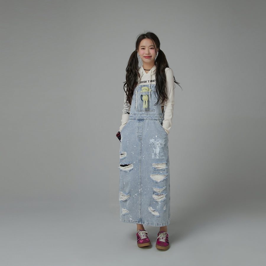 CHUU Distressed Denim Overall Dress