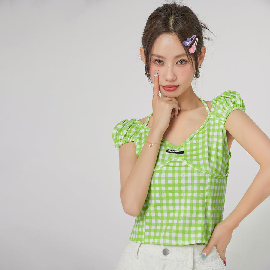 CHUU Picnic Check Puff Sleeves Blouse