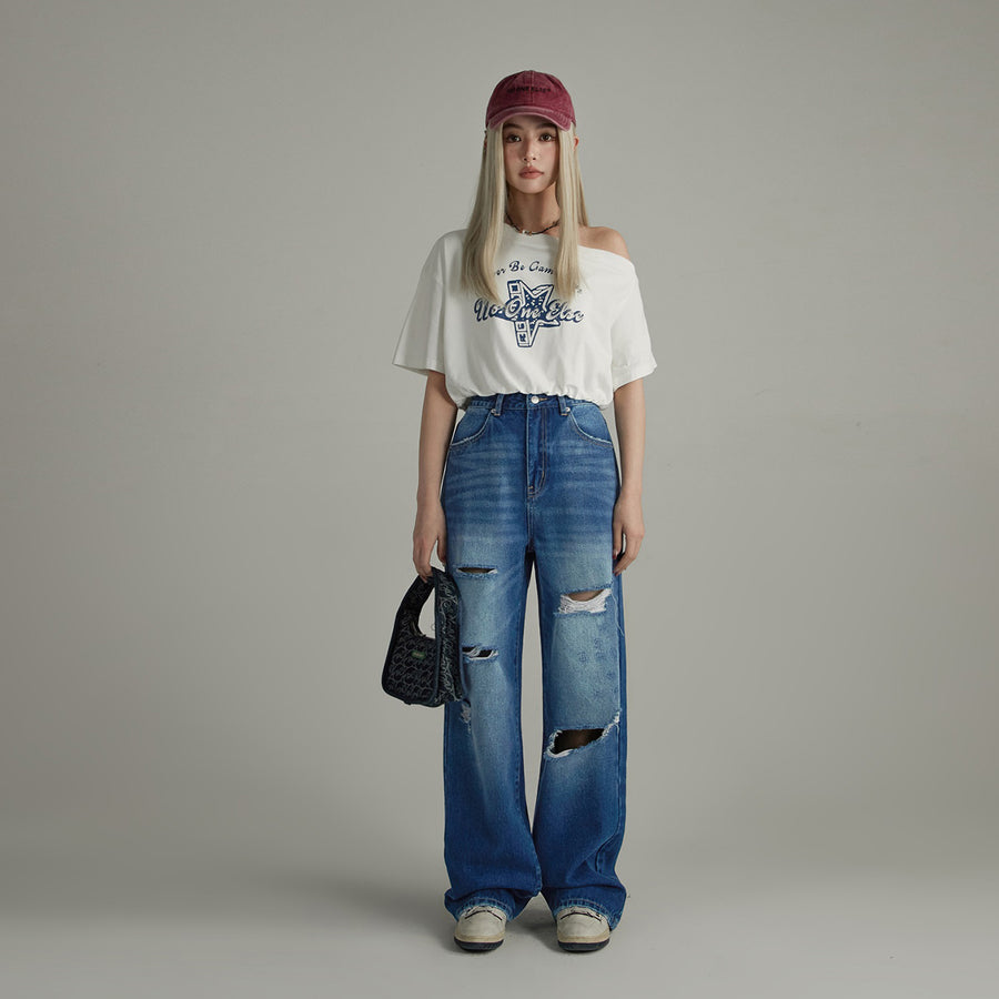 CHUU Distressed Straight Wide-Leg Denim Jeans