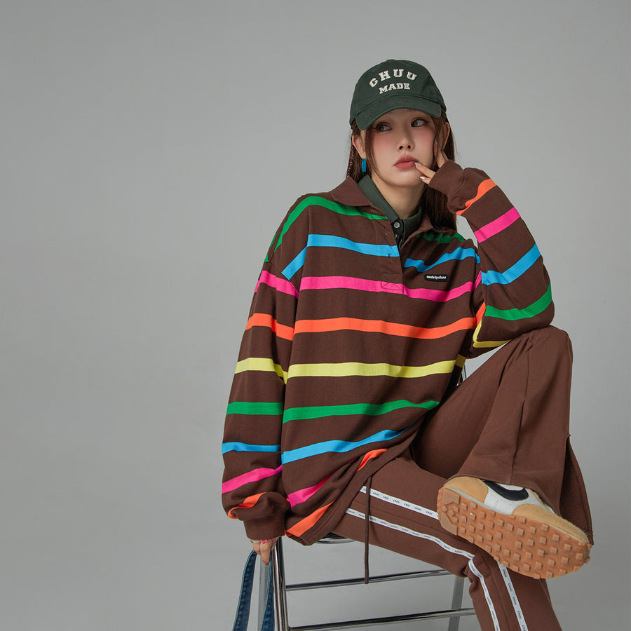 CHUU Polo Neck Rainbow Stripes Sweatshirt