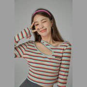 Colorful Stripes Chest Cutout Long-Sleeves Top