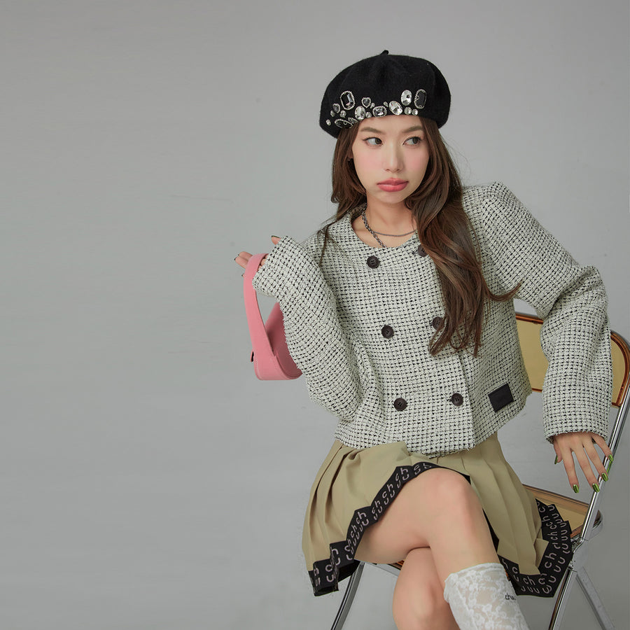 CHUU Vintage Check Tweed Oversize Crop Jacket