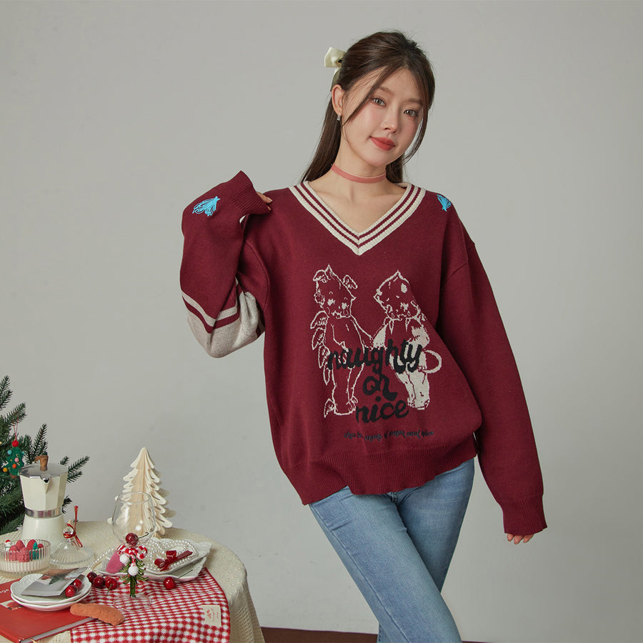 CHUU Angel And Devil V-Neck Knit Sweater