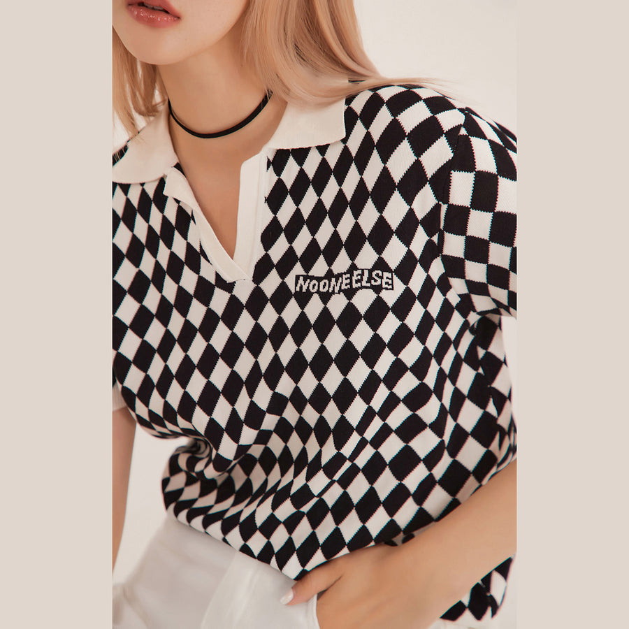 CHUU Diamond Check Ribbed Polo Top