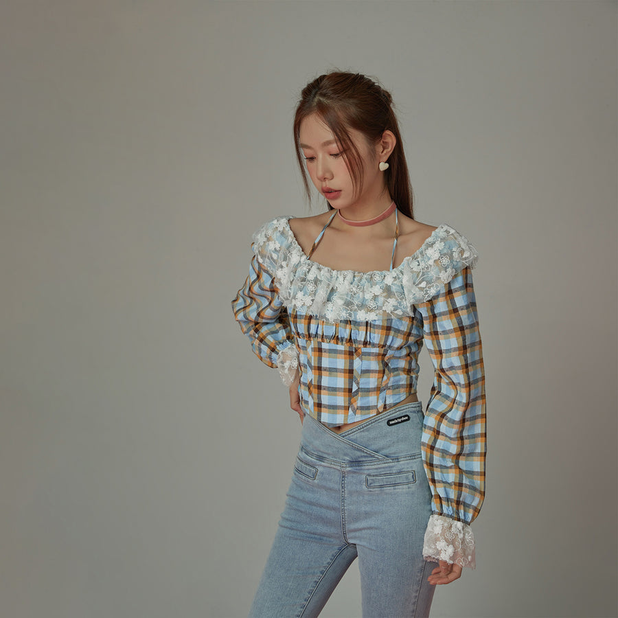 CHUU Lace Check Blouse