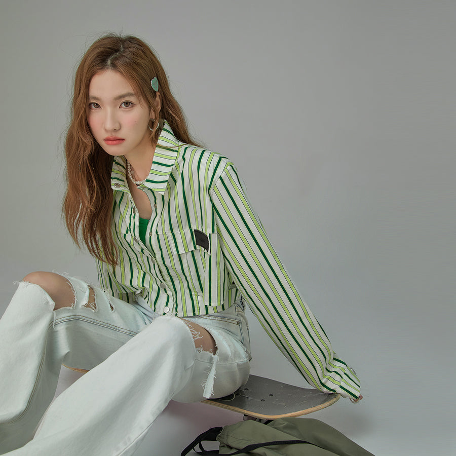 CHUU Cutout Striped Crop Shirt