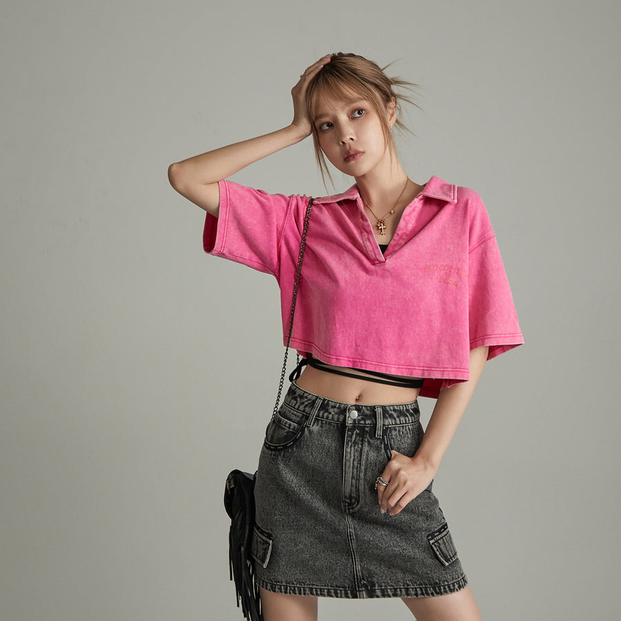 CHUU Pink Cactus Crop Polo T-Shirt