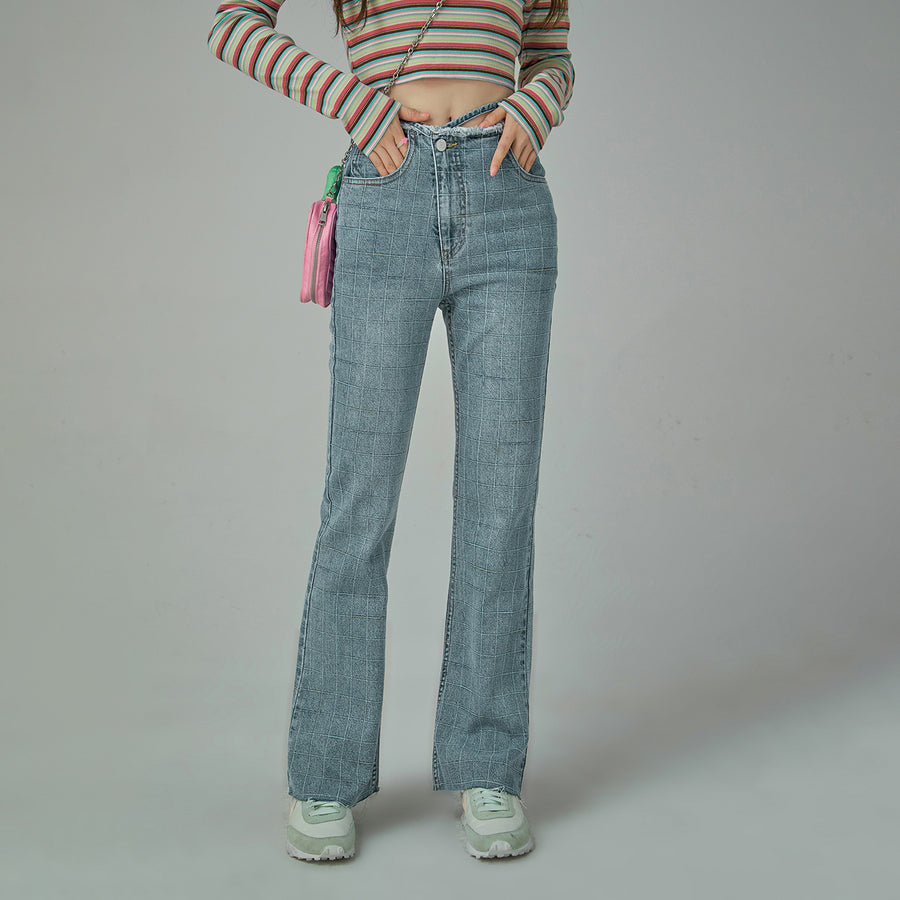 CHUU Waist Wrap Checkered Bootcut Jeans